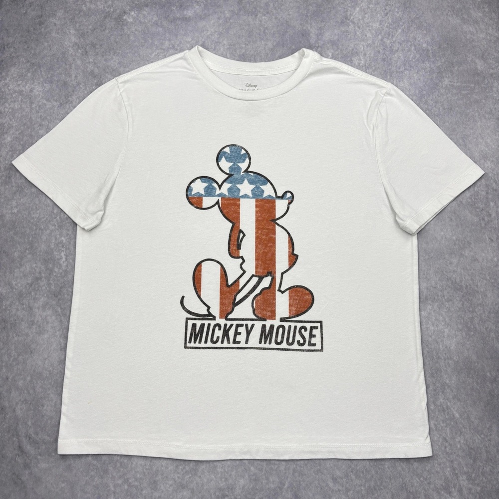 Disney Mickey Mouse Shirt Adult Medium White American Flag Patriotic Graphic Tee